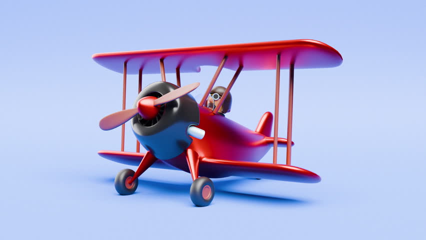 Red cute cartoon biplane standing on blue background