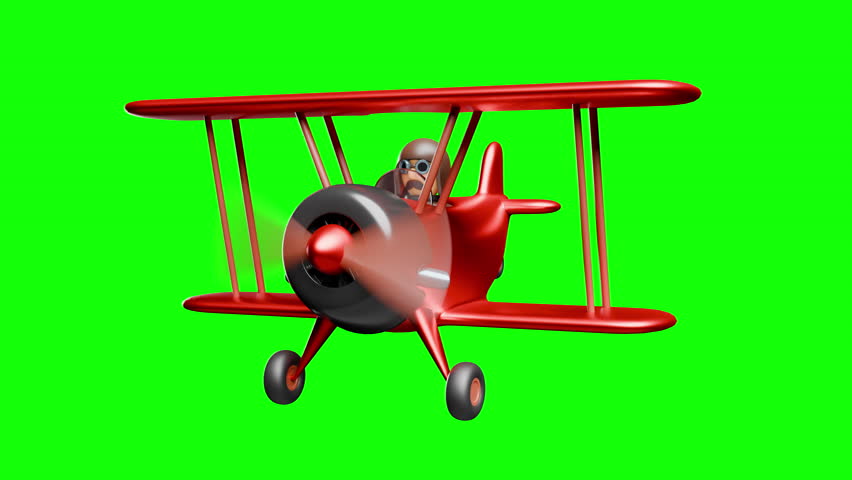 Red cartoon biplane flying isolated on green background loopable 
