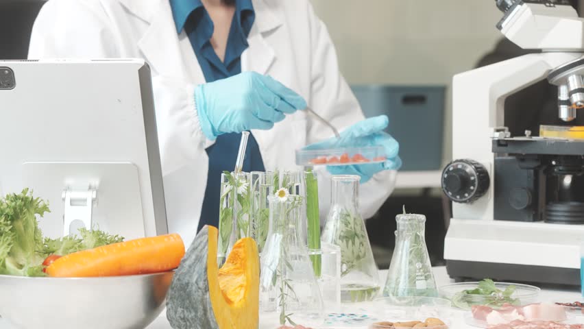 Middle-aged female laboratory worker wearing blue gloves conducts lab test on food ingredients lettuce, cucumber, pork. Using microscope, she analyzes nutrients, preservatives, food safety records. - Powered by Shutterstock - Get 15% off with code: PIKWIZARD15