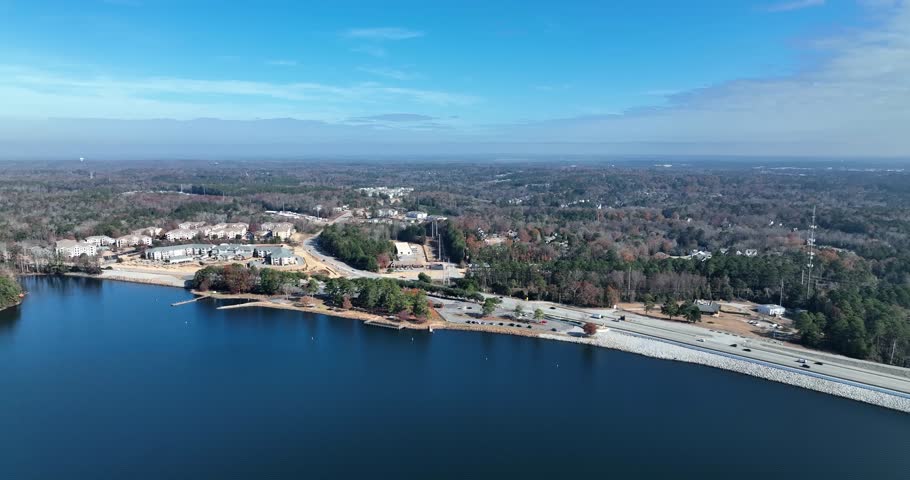 Drone view of a busy town on a reservoir in South Carolina, USA