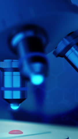 close-up view of an optical microscope in a science laboratory, changing the objective, focus on the lens, chemical structure on background, concept of scientific or medical research (3d render)