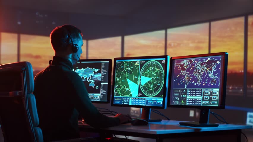 Air traffic controller intently monitors flight data on multiple computer screens in a modern control tower.
