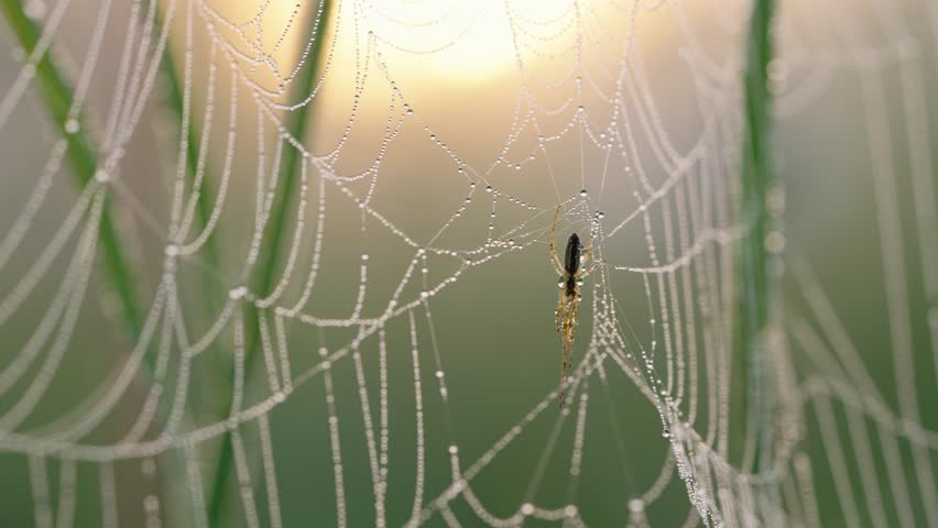 Delicate golden sunrise illuminating intricate spiderweb glistening with morning dew, revealing patient spider waiting silently in natural habitat