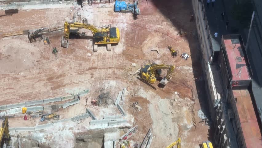Sydney Metro aerial building construction site diggers Hunter St NSW Australia