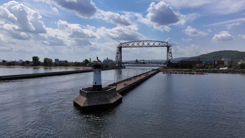 An aerial view of a lift bridge in Canal Park, Duluth, Minnesota.