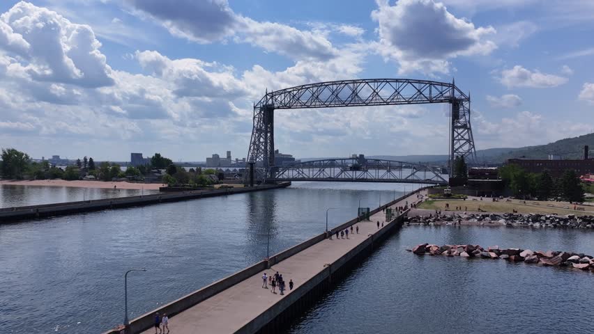 An aerial view of visitors enjoying a summer day on a pier in Duluth, Minnesota.