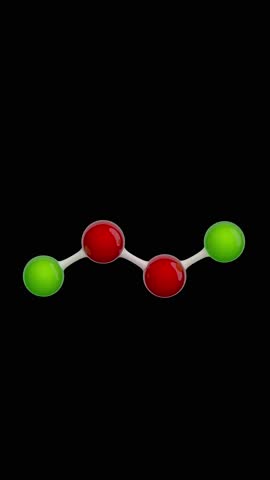 Molecule: Chlorine Peroxide. Chemical Structure Model: Ball and stick. Molecular Formula: Cl2O2. Isolated on a black background. Seamless looping Vertical video. 3D render.