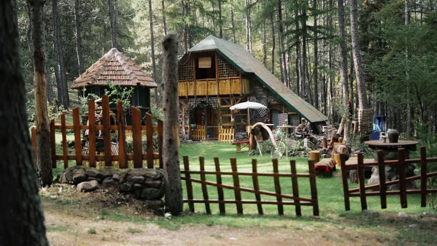 Rustic Wooden House Surrounded by a Tranquil Forest Setting