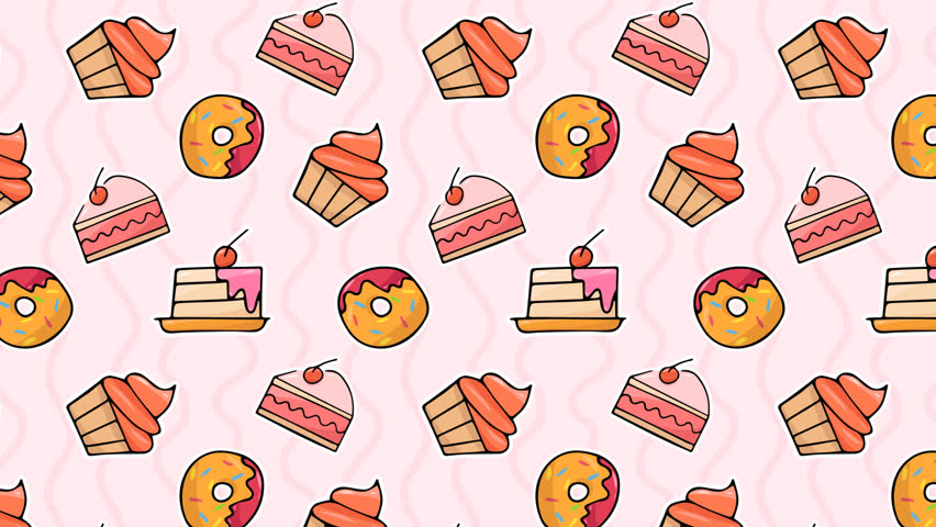 Animation of the pattern with sweets.Pattern with a cake. Animation for the background. Doodle style donuts. animation. video with a cake. doughnut. croissant. cake. a piece of cake. cupcake. 