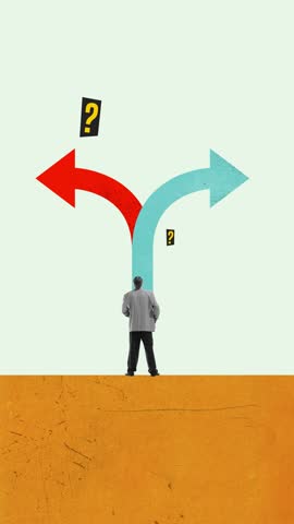 Man standing at crossroads, facing two different paths with question mark above highlights uncertainty. Making decision. Stop motion, animation. Concept of business, progress, achievement, development