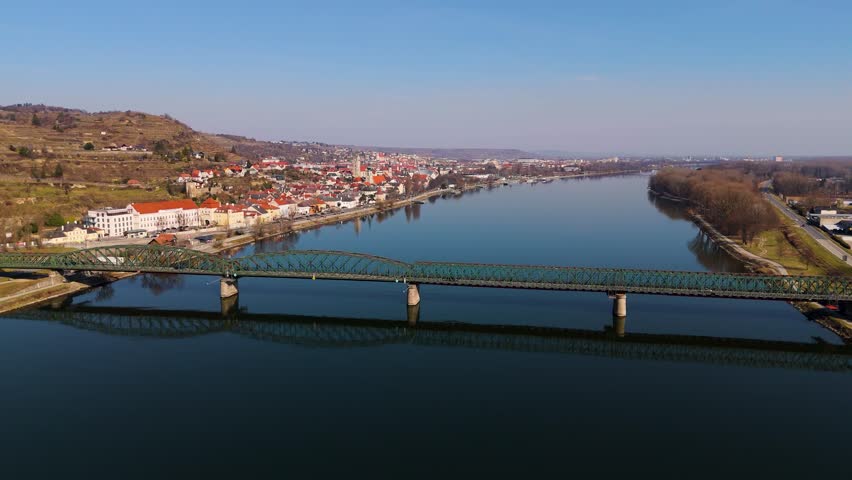 Krems an der Donau, Austria. Top cinematic aerial city view, historic architecture, stunning Danube River, and beautiful natural landscapes