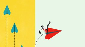 Businessman flying on red flying paper plane, symbolizing taking risks and overcoming challenges for success and growth. Stop motion, animation. Concept of business, progress, achievement, development - Powered by Shutterstock - Get 15% off with code: PIKWIZARD15