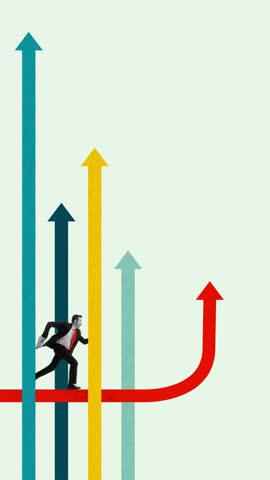 Businessman running on red arrow among upward arrows, breaking through traditional paths to find innovative solutions. Stop motion, animation. Business, progress, achievement, development concept