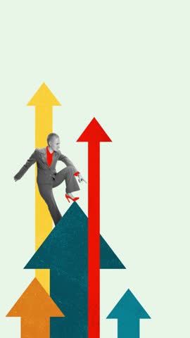 Confident businesswoman standing on large arrows, pointing forward with determination, symbolizing leadership and strategic thinking. Stop motion, animation. Concept of business, progress, development