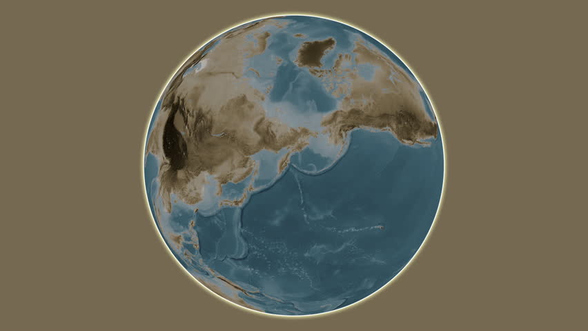 Bering Island. Presentation of the location on a sepia colored elevation map using centered two-step frame extraction in the Bering Sea - Russia