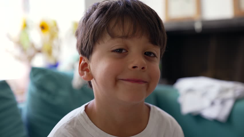 Young boy smirking playfully at camera, confident expression, cheeky smile, childhood charm, engaging eye contact, relaxed indoor setting, cozy home background