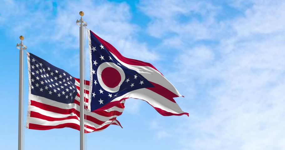 Ohio state flag waving in the wind with the national US flag on a clear day. Seamless 3d render animation. Slow motion loop. Selective focus. Cinema 4k
