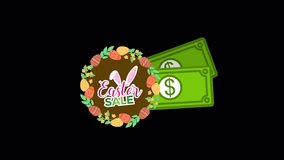 Easter Sale Icon animation featuring festive eggs, bunny ears, and dollar bills. 5-sec looping transparent background video, ideal for promotions, marketing ads, and holiday sales campaigns. - Powered by Shutterstock - Get 15% off with code: PIKWIZARD15