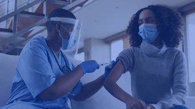 Administering vaccine, healthcare worker with woman, data processing animation overlay. Vaccination, immunization, nurse, technology, medical, protection - Powered by Shutterstock - Get 15% off with code: PIKWIZARD15