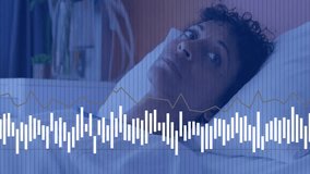 Sleeping person in bed with brainwave data animation overlaying in bedroom. neuroscience, technology, monitoring, relaxation, analysis, rest - Powered by Shutterstock - Get 15% off with code: PIKWIZARD15