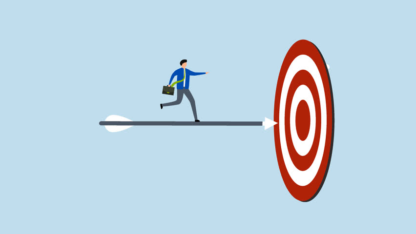 Aiming to hit business goal, 4k animation confidence businessman on arrow bow aiming to hit target bullseye.