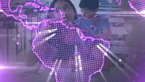 Students in classroom with digital globe and data animation overlay. Education, technology, learning, innovation, futuristic - Powered by Shutterstock - Get 15% off with code: PIKWIZARD15