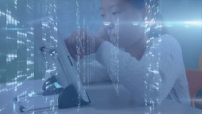In school, child using tablet with animation of digital data streams overlaying. Education, technology, e-learning, innovation, futuristic, information - Powered by Shutterstock - Get 15% off with code: PIKWIZARD15