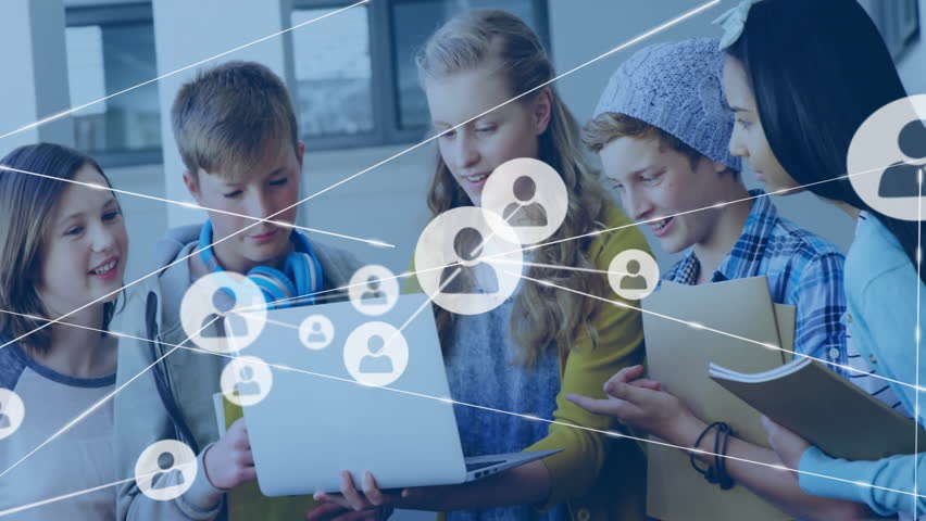 Collaborating in school, diverse group of people with animation network overlay. Teamwork, collaboration, education, diversity, networking, communication - Powered by Shutterstock - Get 15% off with code: PIKWIZARD15