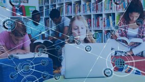 Children studying in library with digital network connections overlay animation. Technology, education, learning, connectivity, innovation, childhood - Powered by Shutterstock - Get 15% off with code: PIKWIZARD15