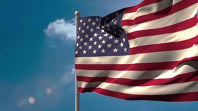 American flag waving with animation of Happy Thanksgiving text against blue sky. Patriotism, national, celebration, harvest, fall, gratitude - Powered by Shutterstock - Get 15% off with code: PIKWIZARD15