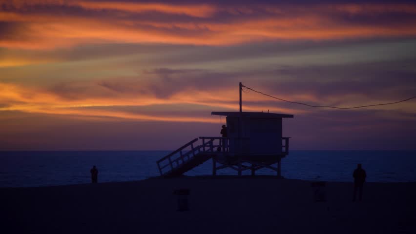 Lifeguard Tower at Venice Beach Under Vibrant Sunset Sky