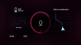 Animation of digital dashboard displaying speed, battery usage, and distance metrics. Technology, interface, data, analytics, futuristic - Powered by Shutterstock - Get 15% off with code: PIKWIZARD15