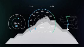 Animation of vehicle dashboard displaying speedometer, battery level, and temperature. Automobile, interface, technology, instrument, interactive, measurement - Powered by Shutterstock - Get 15% off with code: PIKWIZARD15