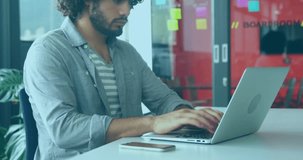 Working on laptop, man analyzing data with animation graphics overlay. Technology, data analysis, business, innovation, digital, analytics - Powered by Shutterstock - Get 15% off with code: PIKWIZARD15