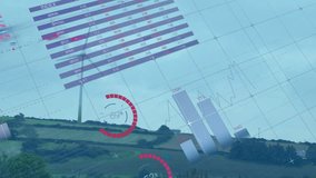 Wind turbines on landscape with financial graphs and data overlay animation. Renewable, energy, sustainability, technology, finance, innovation - Powered by Shutterstock - Get 15% off with code: PIKWIZARD15