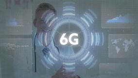 Digital interface with 6G technology concept overlaying business professional in office. innovation, connectivity, futuristic, communication - Powered by Shutterstock - Get 15% off with code: PIKWIZARD15