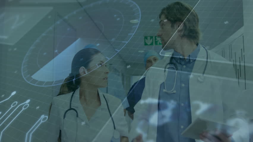 In school, medical professionals reviewing data using futuristic digital animation interface. Healthcare, technology, innovation, collaboration, analysis, science - Powered by Shutterstock - Get 15% off with code: PIKWIZARD15