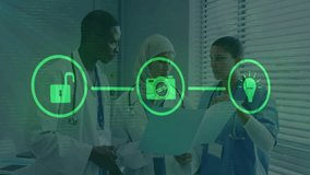 Discussing documents, medical professionals with digital security animation in office. Healthcare, technology, cybersecurity, teamwork, communication, medicine - Powered by Shutterstock - Get 15% off with code: PIKWIZARD15