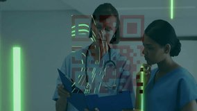 Reviewing documents with digital data overlay, healthcare professionals in discussion. technology, collaboration, medical, analysis, innovation - Powered by Shutterstock - Get 15% off with code: PIKWIZARD15