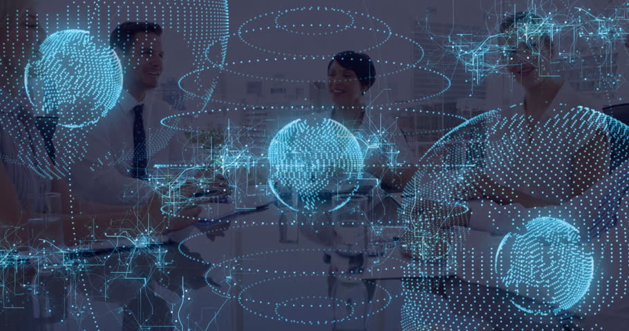 Digital globe and network animation over diverse business team in school meeting. Technology, innovation, networking, global, teamwork, collaboration