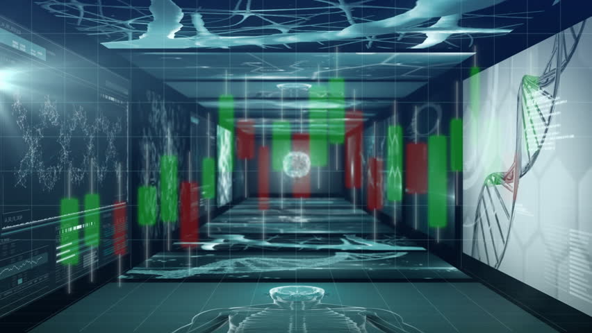 In futuristic digital room, animation of financial data charts and brain hologram. Technology, artificial intelligence, innovation, data analysis, finance, holography - Powered by Shutterstock - Get 15% off with code: PIKWIZARD15