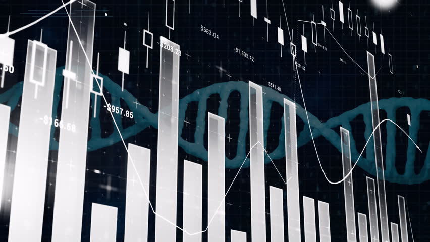 Animation of financial data graphs overlaying DNA strand and binary coding background. Finance, technology, biotechnology, innovation, analysis, futuristic - Powered by Shutterstock - Get 15% off with code: PIKWIZARD15