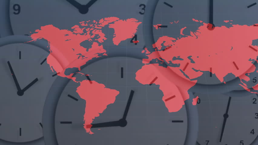 World map with clock faces showing different time zones in animation style. concept, clocks, global, illustration, international, modern