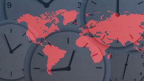 World map with clock faces showing different time zones in animation style. concept, clocks, global, illustration, international, modern - Powered by Shutterstock - Get 15% off with code: PIKWIZARD15