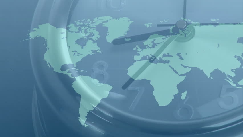 Animation of world map with clock hands indicating global time zones concept. continents, geography, international, mapping, synchronization - Powered by Shutterstock - Get 15% off with code: PIKWIZARD15