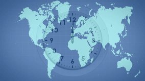 Animation of world map with clock face and network connections overlaying continents. Globalization, connectivity, time zones, digital, interconnected, technology - Powered by Shutterstock - Get 15% off with code: PIKWIZARD15