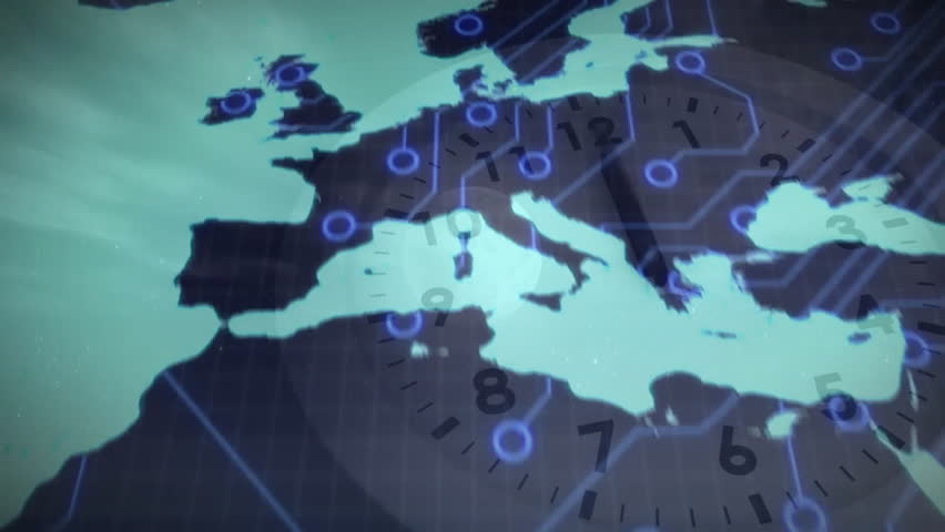 Animation of digital network overlay on European map with clock and circuit patterns. Technology, networking, futuristic, connectivity, innovation - Powered by Shutterstock - Get 15% off with code: PIKWIZARD15