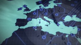 Animation of digital network overlay on European map with clock and circuit patterns. Technology, networking, futuristic, connectivity, innovation - Powered by Shutterstock - Get 15% off with code: PIKWIZARD15