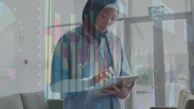 Healthcare professional in scrubs using tablet with financial data animation overlay. technology, innovation, finance, digital, analysis, modern - Powered by Shutterstock - Get 15% off with code: PIKWIZARD15