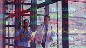 Walking, medical professionals with animation of stock market data in background. Healthcare, finance, economy, investment, progress, collaboration - Powered by Shutterstock - Get 15% off with code: PIKWIZARD15